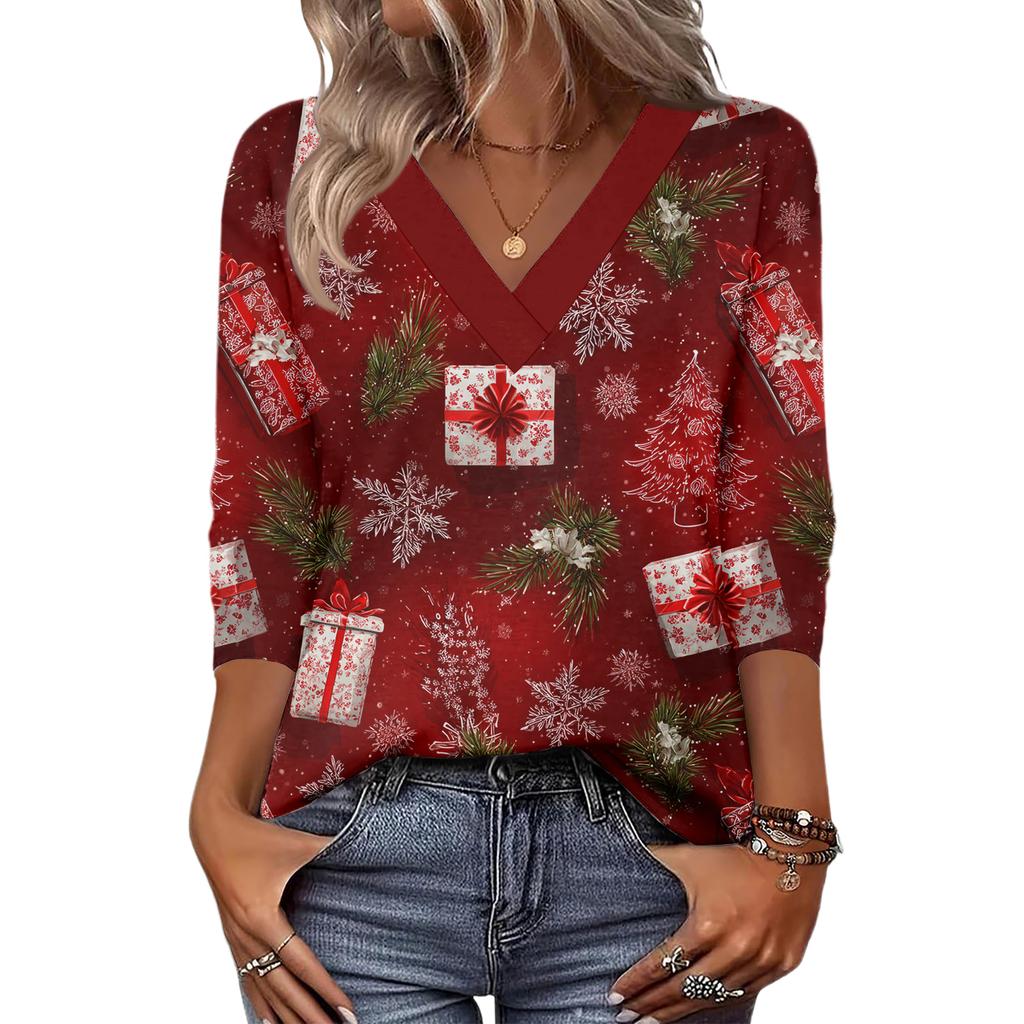 Women's Loose Comfortable Casual Fashion V-Neck Christmas Print 3/4 Sleeve Top