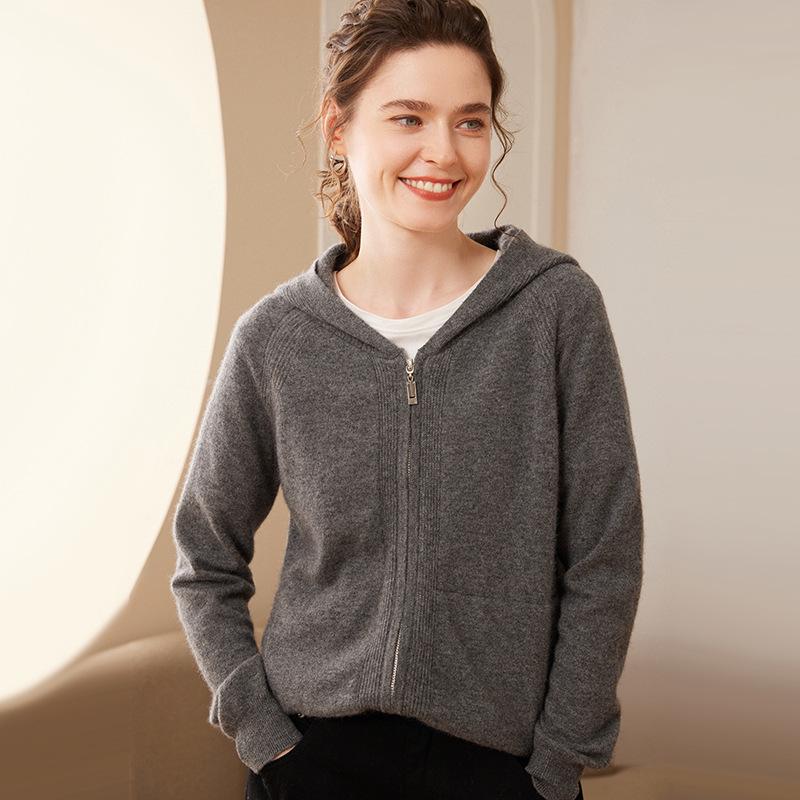 2024 Autumn/Winter Women's Loose Fit Hooded Cashmere Zipper Cardigan - Korean Thick Style Sweater