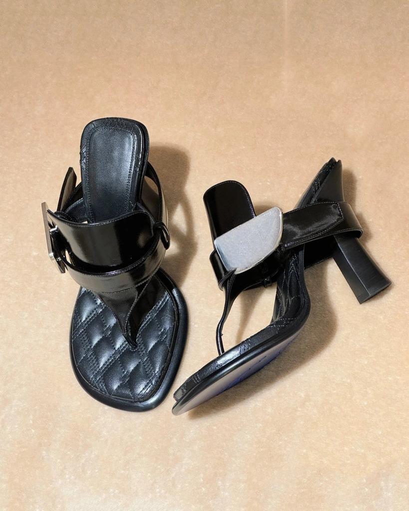 Fashion Generous Head High Heels Women's 2025 New Thick Heel Flip-flops Thick Heel Black Tea Green Rear Strap Slippers