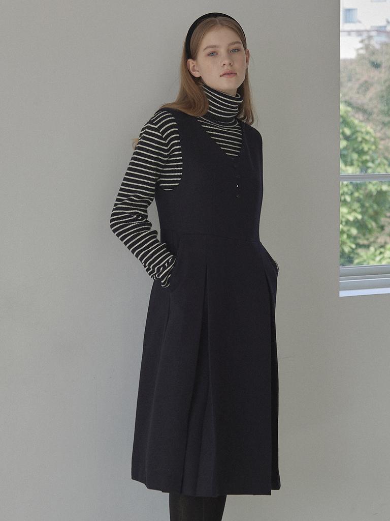 Nonlocal Wool Blend Pleats Dress - Navy