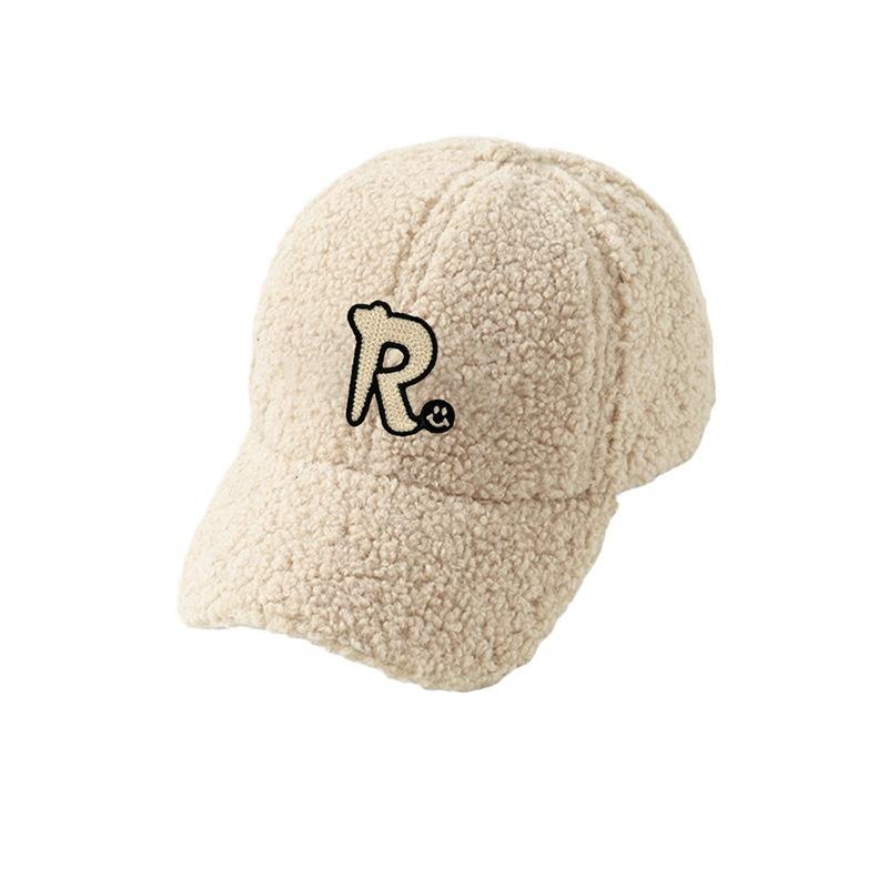 Hat Women's Autumn and Winter R Letter Couple Versatile Cold Proof Baseball Cap Lamb Velvet Thick Warm Wide Brim Peaked Cap for Men