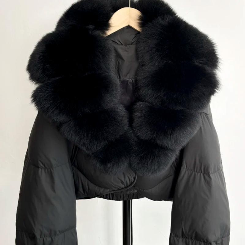 Lagabogy Winter Real Fox Fur Collar Short Parkas Women Thick White Duck Down Cropped Jacket Streetwear Female Puffer Coats