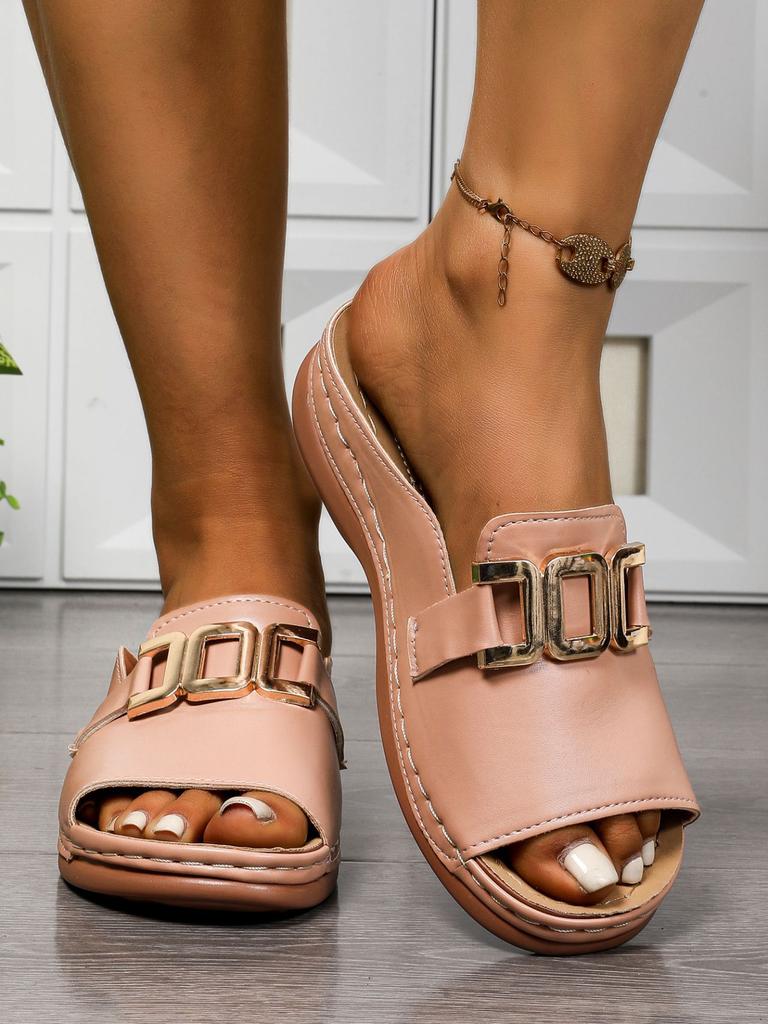 Wedge heel platform slippers women's new large size casual fashion simple metal buckle fish mouth sandals