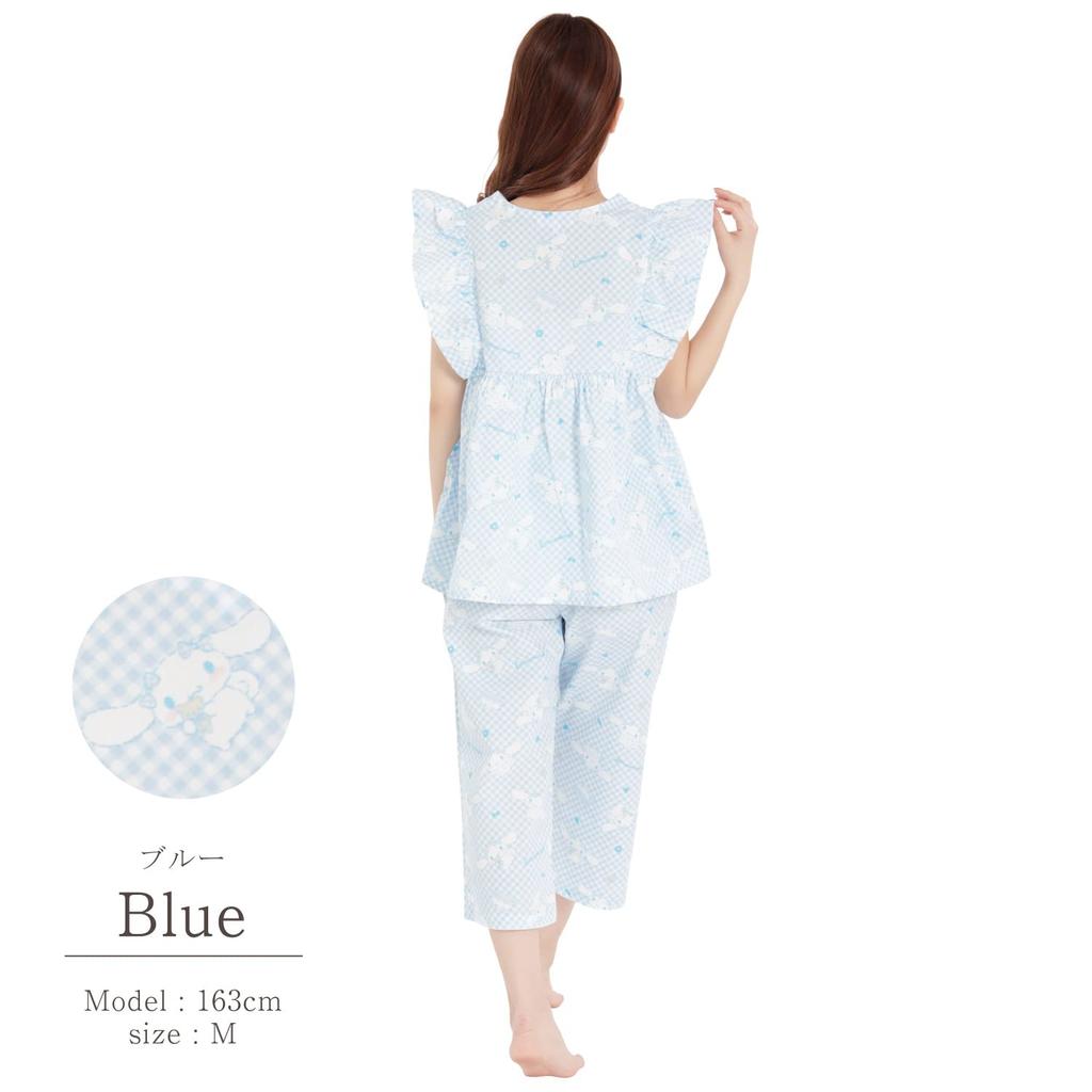 SAN1479 Gingham Check Cinnamon Ruffle Pajamas Short Sleeve Long Pants Top and Bottom Set Room Wear Cinnamoroll Sanrio Sanrio [SAZAC] Women's Blue/M