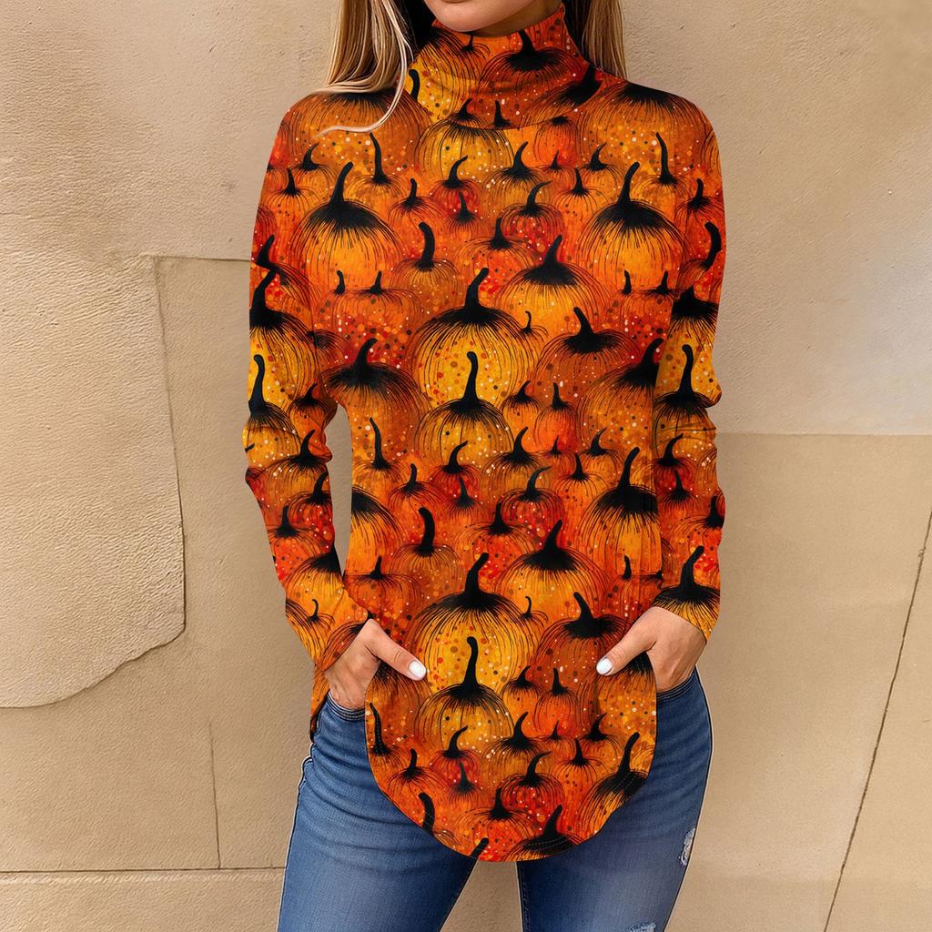 Tee Shirts For Women Fall Casual Long Sleeve Shirts Sweatshirt Vintage Printed High Neck Top Pullover
