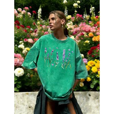 Frische Lavendelblüten Print Damen Gewaschenes T-Shirt Baumwolle Lässiges T-Shirt Locker Hip Hop Kurzarm Vintage Kleidung