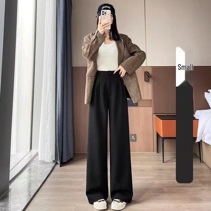 2026 High-End Black Women's Petite Wide-Leg Drape Suit Pants for Spring/Summer