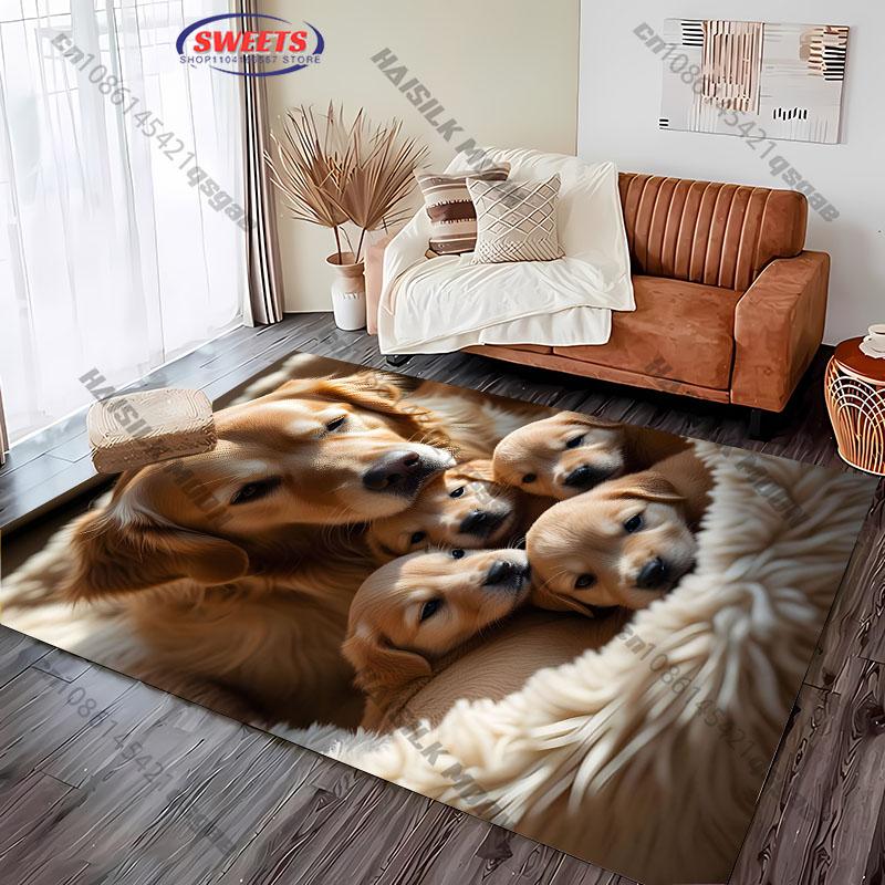 Tappeto Carino Famiglia Golden Retriever, Tappetino con Stampa Cuccioli e Mamma Cane, Tappeto Antiscivolo per Soggiorno Camera da Letto Decorazione per Amanti degli Animali