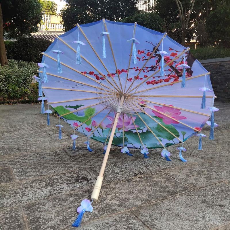 1PC Umbrella 70/82CM Oil Paper for Women Girl Performance Photo Props Antique Umbrella Parasol Satin Cloth Tassel