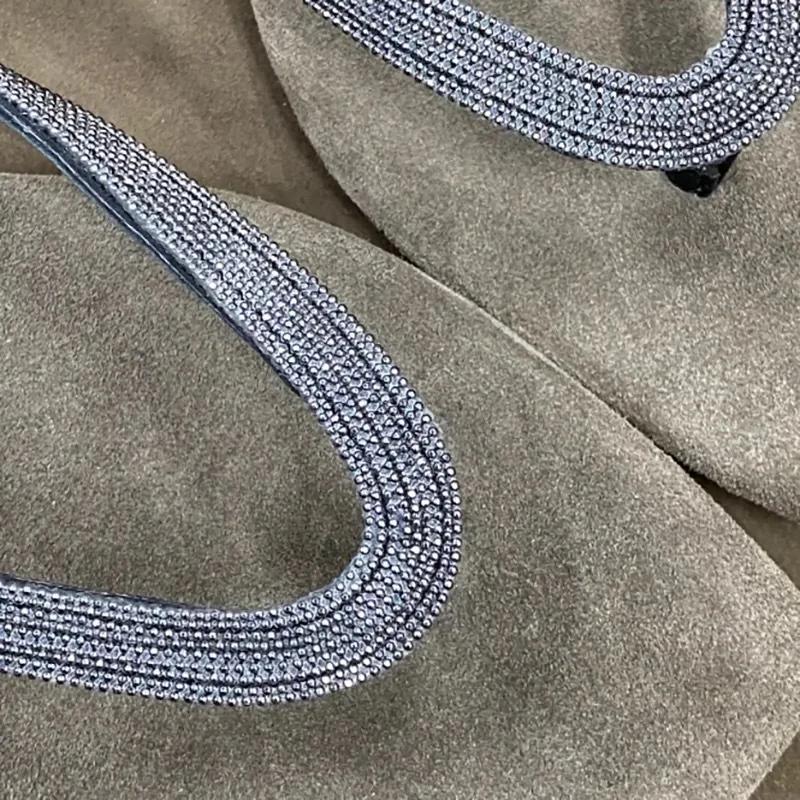 Fashion Fashion Square Toe Crystal Narrow Band Flat Slippers High Quality Faux Suede Clip Toe Flip Flops Women Comfort Casual Beach Shoe