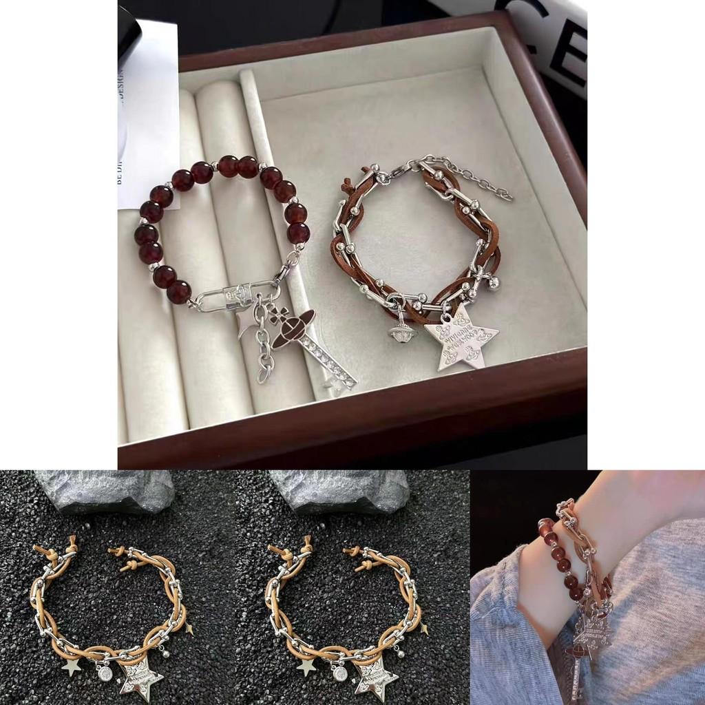 Fashionable Brown Leather Star Bracelet With Beads For Anniversary Gifts