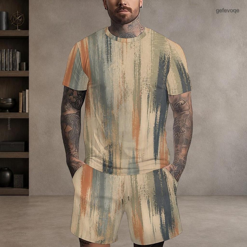 Men Plus Size Round Neck Short Sleeve Yellow Brown Red Printed Tie Dye Two Piece Shorts Set