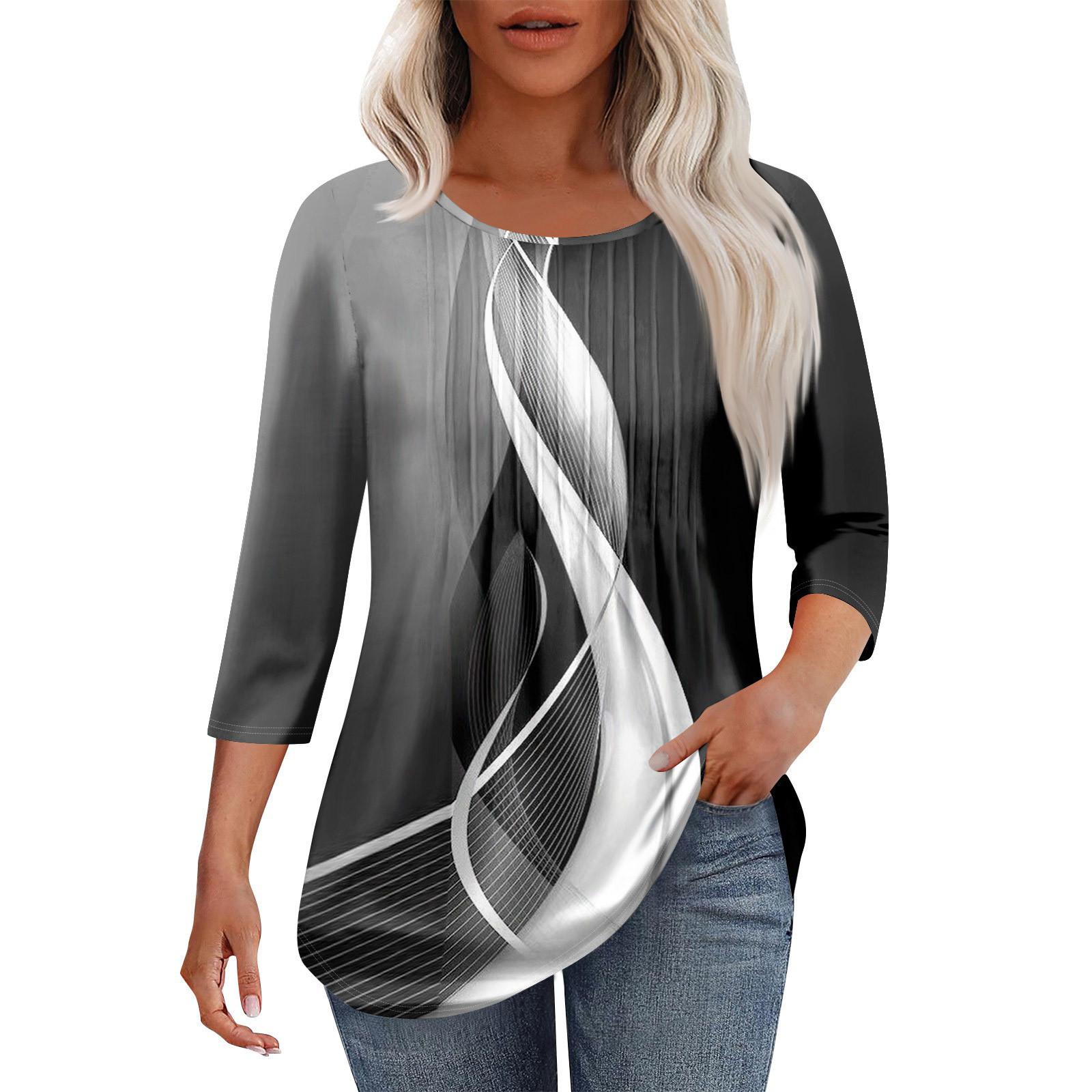 

Женская модная повседневная плиссированная футболка с круглым вырезом и принтом в стиле досуга с рукавом семь четвертей L чёрный