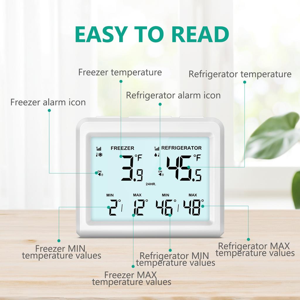 Digital Refrigerator Thermometer Wireless Freezer Thermometer Fridge Temperature Monitor with 2 Sensor