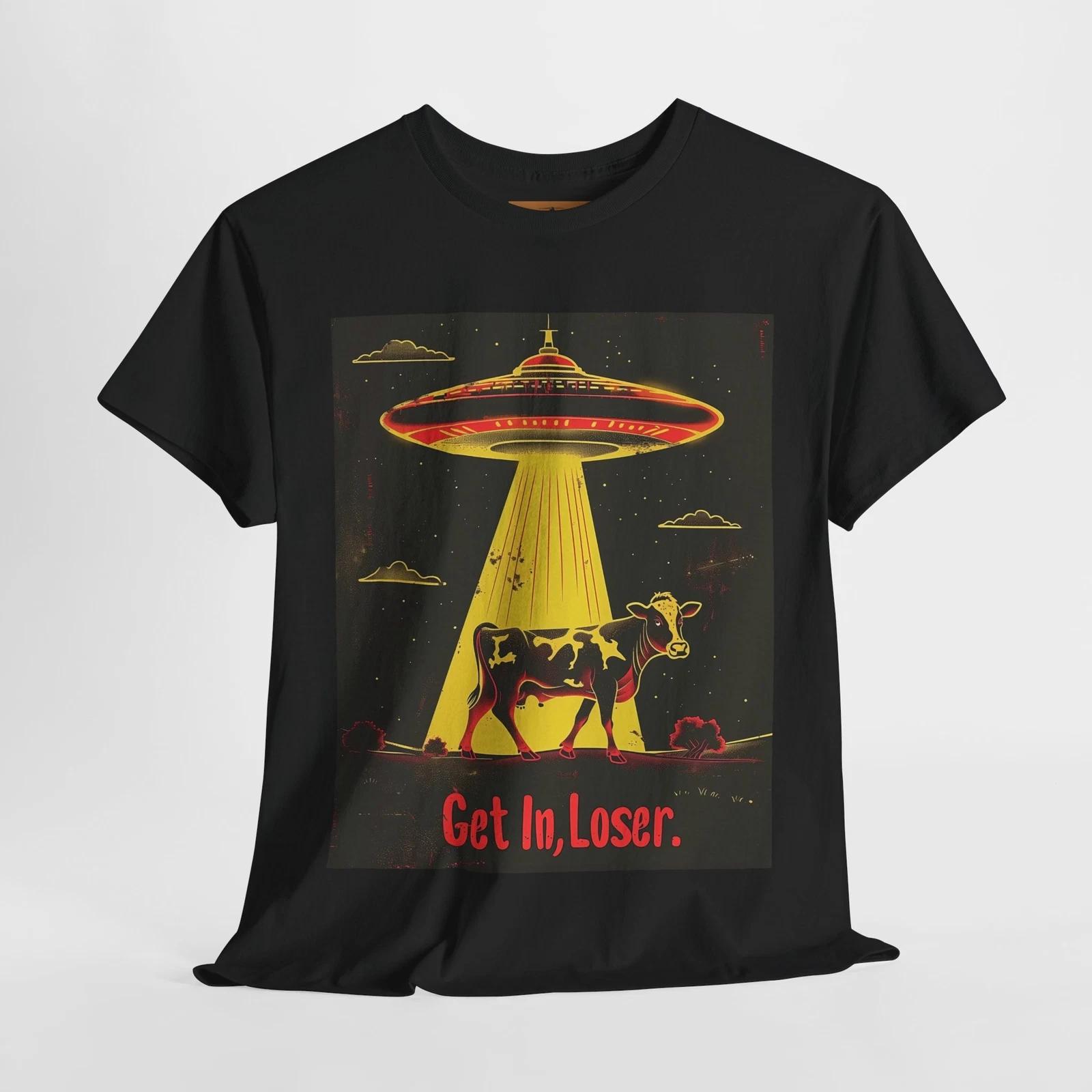 Get In, Loser  UFO T-Shirt – Retro Sci-Fi Cow Abduction & Glowing Beam 2XL