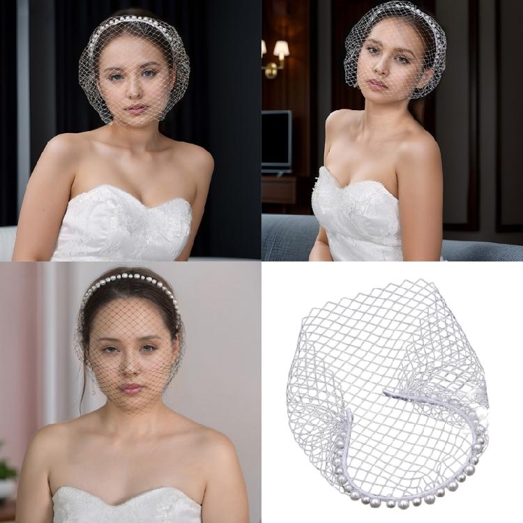 Breathable Face Veil Hairband Bridal Shower Hairhoop Head Accessory with Pearls Decors for Special Occasion Formal Outfit