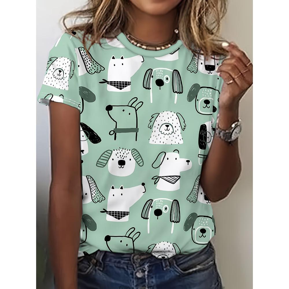 Ladies' Cute T-shirt Round Neck Short Sleeve Cartoon Dog Print T-shirt