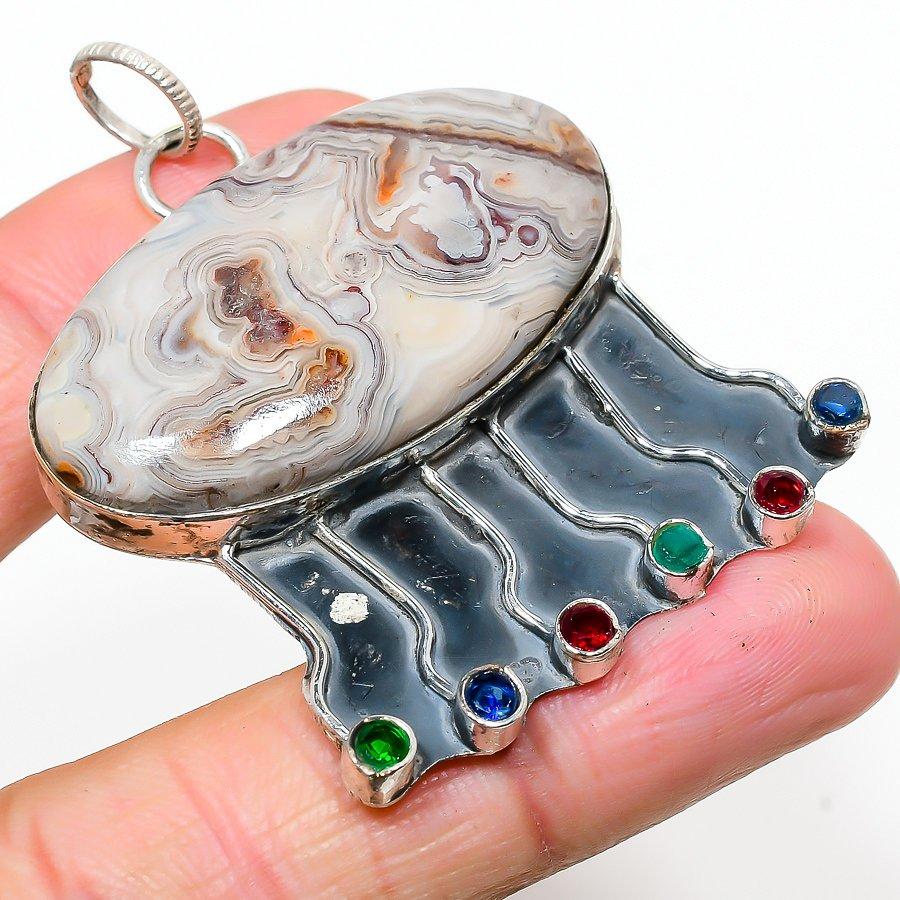

Natural Laguna Lace Agate, Topaz Gemstone 925 Sterling Silver Pendant 2.25 P6J15