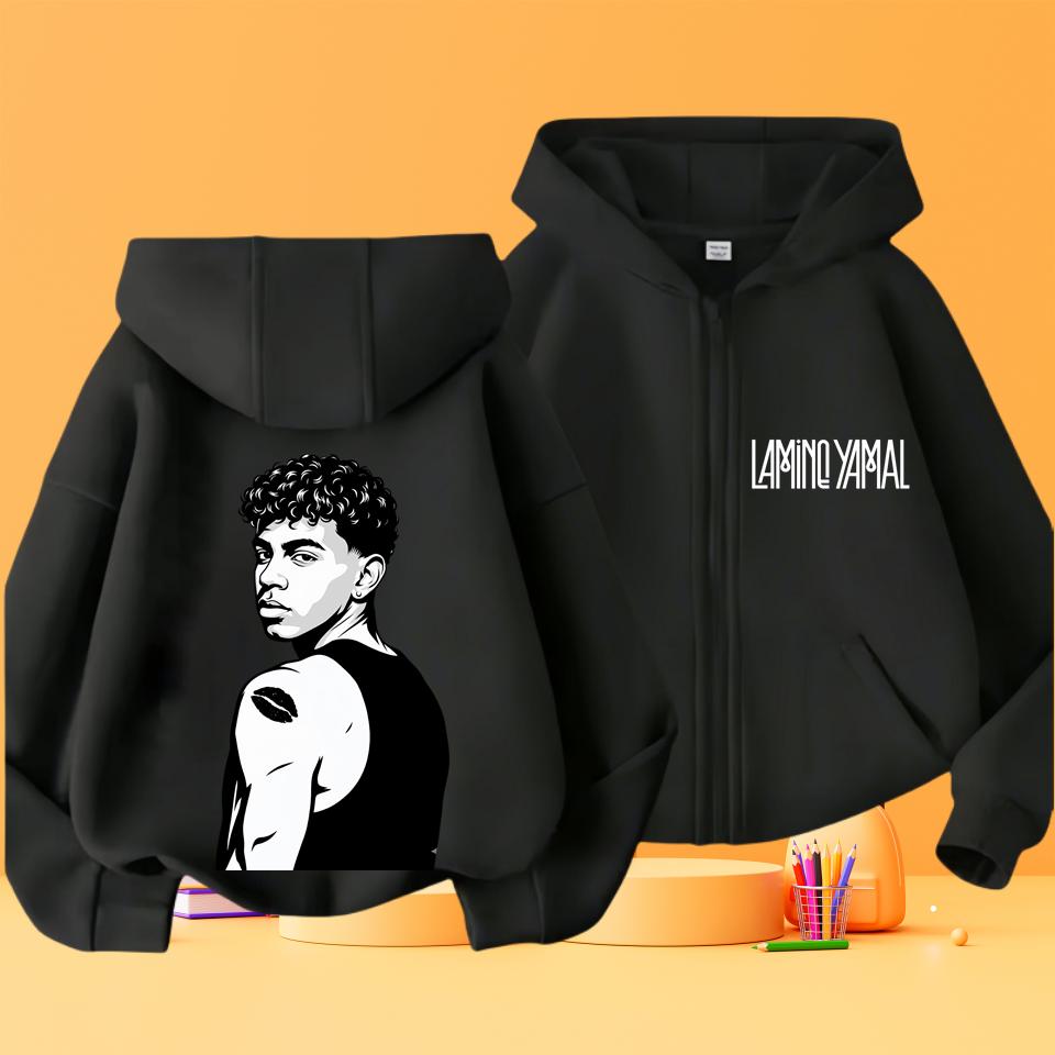 Kids Lamine Yamal Zip Up Hoodie, Boys Football Star Portrait Graphic Front Back Print Hooded Jacket, Casual Sports Sweatshirt