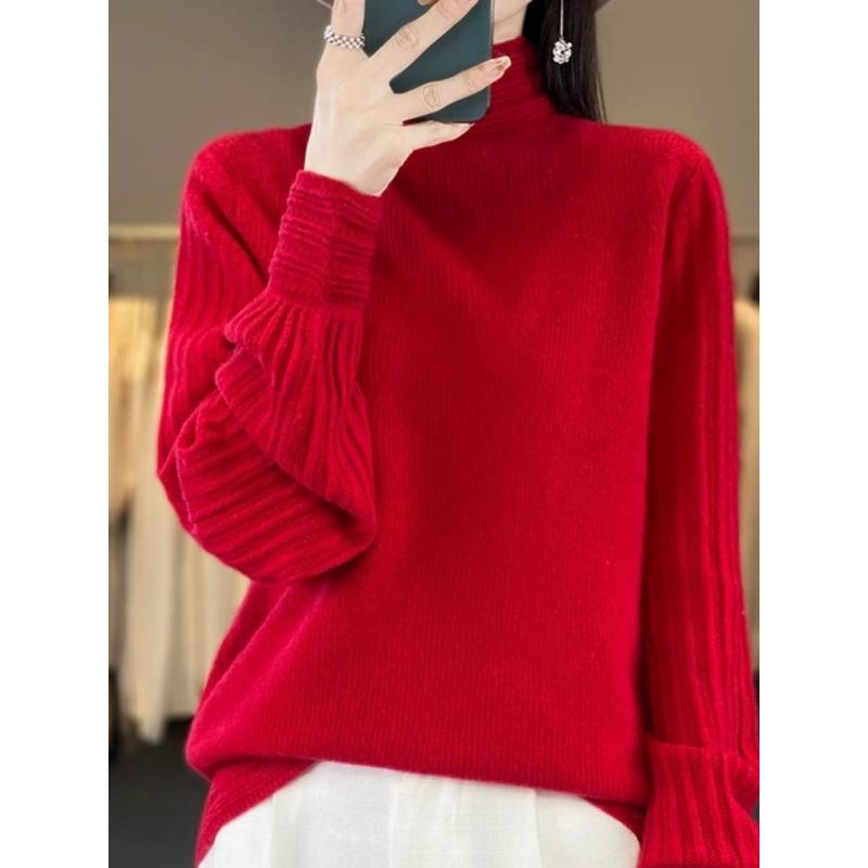 New Autumn Winter Half Turtleneck Puff Sleeves Women Loose Knitted Base Sweater