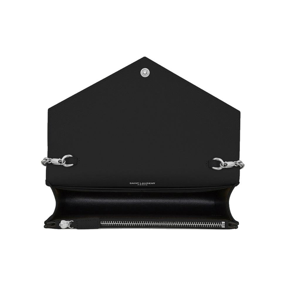 Saint Laurent Ysl Obálka Stříbrné Logo Prošívaná Zrnité Ražené Kožené Obálka Peněženka na Řetízku Taška přes Rameno Crossbody Taška Dámské Tašky Černá 393953BOW021000