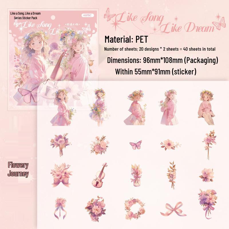 Like a Song, Like a Dream Series PET Sticker Pack - 40 Character Journal Decorative Stickers in 6 Designs
