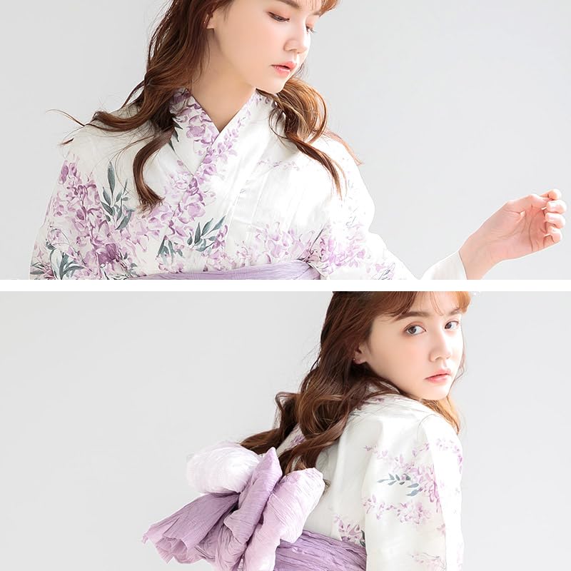 Dita Yukata and Wisteria Simple Japanese Style with Watercolor Elegant and Easy To Dress by Yourself Free Women's 5-Piece Set, Purple, Pink, White,