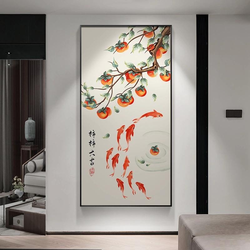 

Хурма в китайском стиле, подразумевающая удачу, плакаты с изображением карпа, пасторальная картина на холсте, настенные принты, картина, домашний декор для комнаты 20x40cm No Framed
