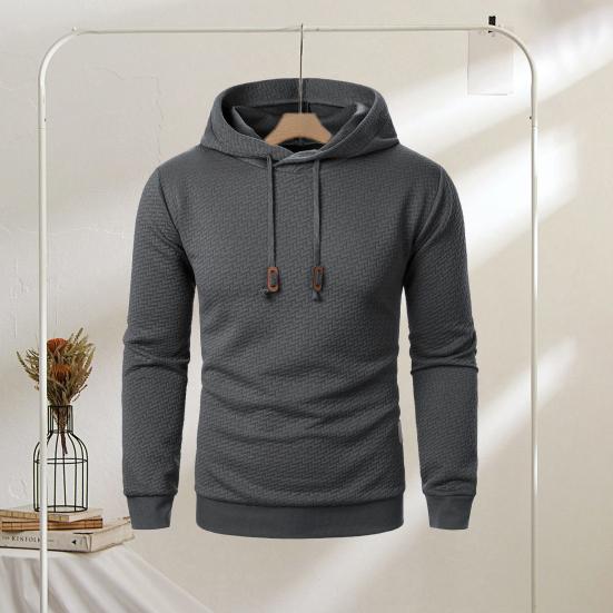 Men Fall Winter Hoodie Solid Color Drawstring Long Sleeves Jacquard Design Hooded Elastic Cuff And Hem Thin Daily Wear Casual Sport Top