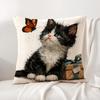Cute Cat and Flower Cushion Cover Natural Linen Organic Fabric DoubleSided Printing Sofa Home Decor Gift Pillow Cover