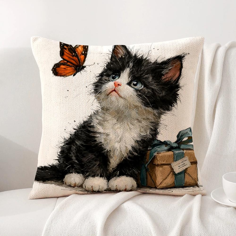 Cute Cat and Flower Cushion Cover Natural Linen Organic Fabric DoubleSided Printing Sofa Home Decor Gift Pillow Cover