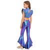 Girls Dance Crop Top with Flared Pants Mock Neck Sleeveless Mesh Rhinestone Ruffle Metallic Outfit Set