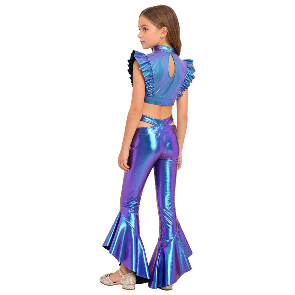 Girls Dance Crop Top with Flared Pants Mock Neck Sleeveless Mesh Rhinestone Ruffle Metallic Outfit Set