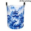 1pc Laundry Basket, Chinese Blue and White Design Round Laundry Basket - Large Capacity, Foldable, with Handle, Suitable for Home, Dormitory, and Room