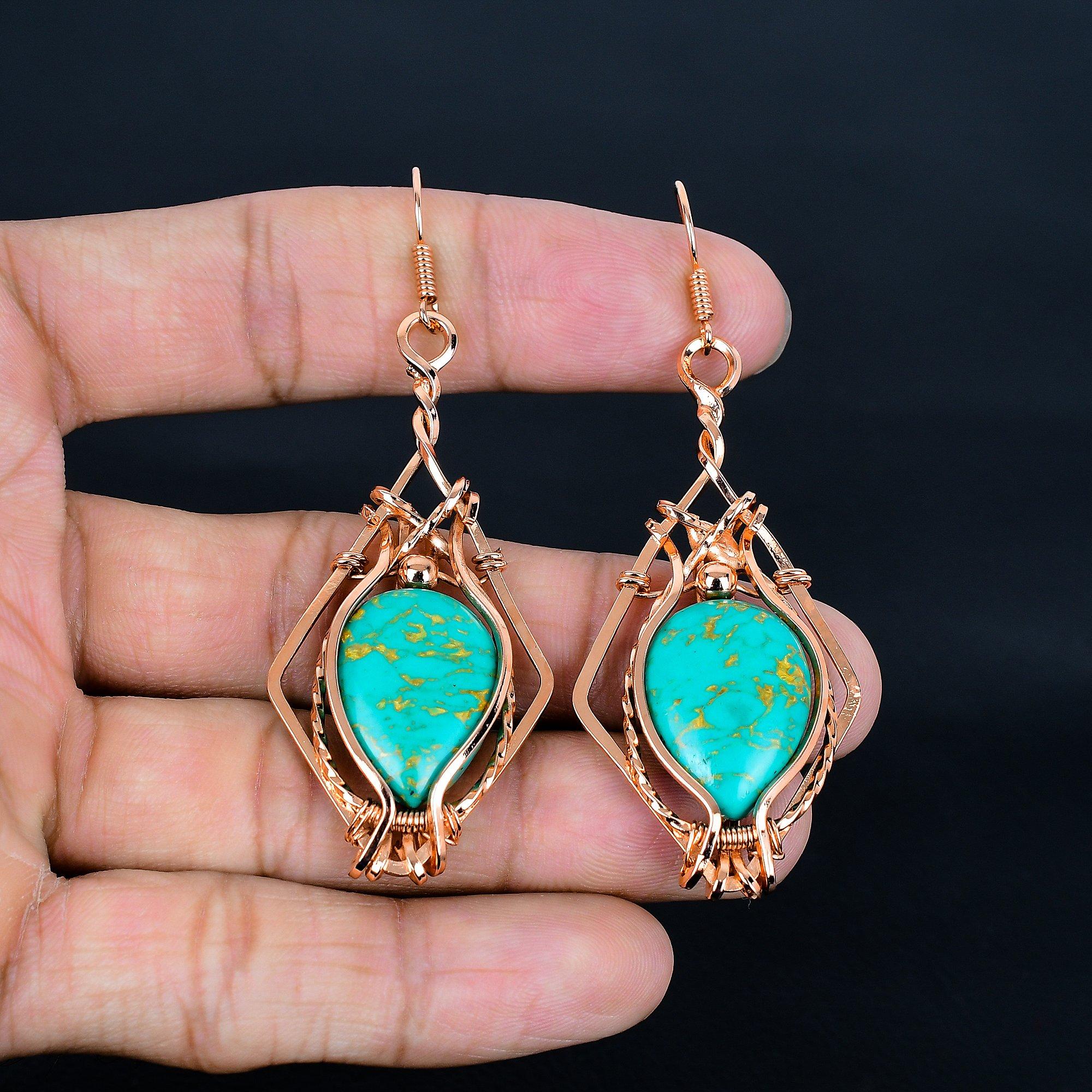 

Arizona Turquoise 999 Copper Wire Wrapped Earrings, Handmade Gemstone Jewelry Earrings For Memorial Day 2.55 Inches