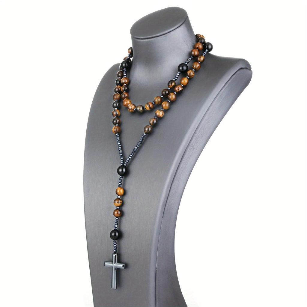 Catholic Natural Tiger Eye Stone Black Agate Rosary Beads Necklace Hematite Cross Pendant Necklace Women Men Christ Mala Jewelry