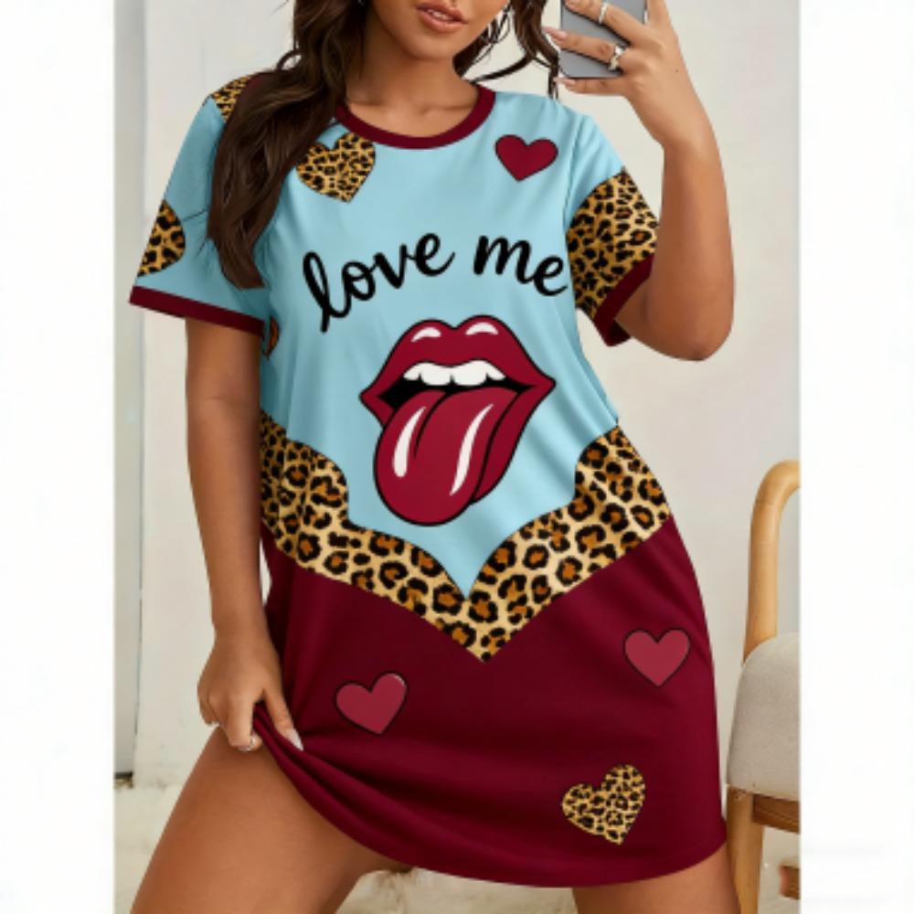 Love Me Lips Print For Women Short Sleeve Sleepwear Dresses Loose Casual Fit Tee Nightwear Home Clothes Nightie Loungewear Dresses S