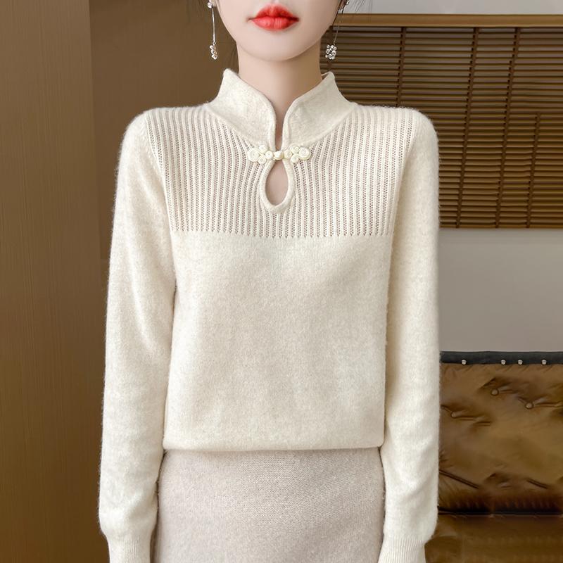 Women Sweater Mandarin Collar Pullover Chinese Style Knitwear Retro Elegant Long Sleeve Clothing Tops