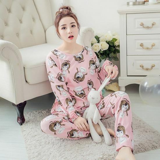 Women's Long-Sleeve Cartoon Pajama Set - Cute Korean Style Homewear for Autumn, Winter, Spring - Plus Size Available