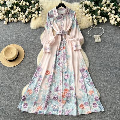 French Style Retro Elegant Shirt Dress Women Single-breasted Flower Print Long Party Dress Female Casual Chic Festival Clothing New
