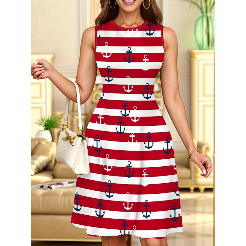 Womens Casual Sleeveless Round Neck Midi Dress With 3D Print Breathable Comfort Fit Elegant Office Style