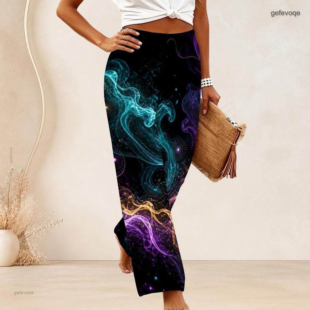 Women Plus Size Pink Marble Gold Print Wide Leg Pants High Waist Loose Casual Long Trousers For Daily Summer Wear