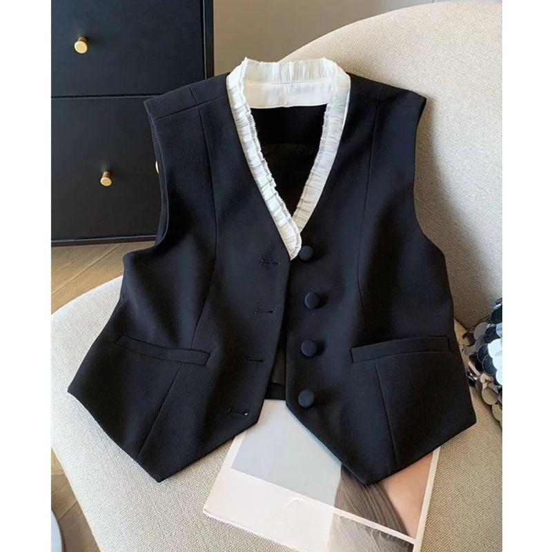Black and White Suit Waistcoat Women's Color Block Spring Autumn Stylish Vest Jacket