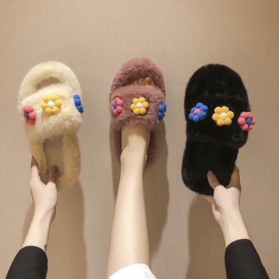 Hairy Slippers Women's Autumn and Winter Outer Wear Parent-child Shoes New Fashion Flat One-word Home Cotton Drag Lazy Shoes