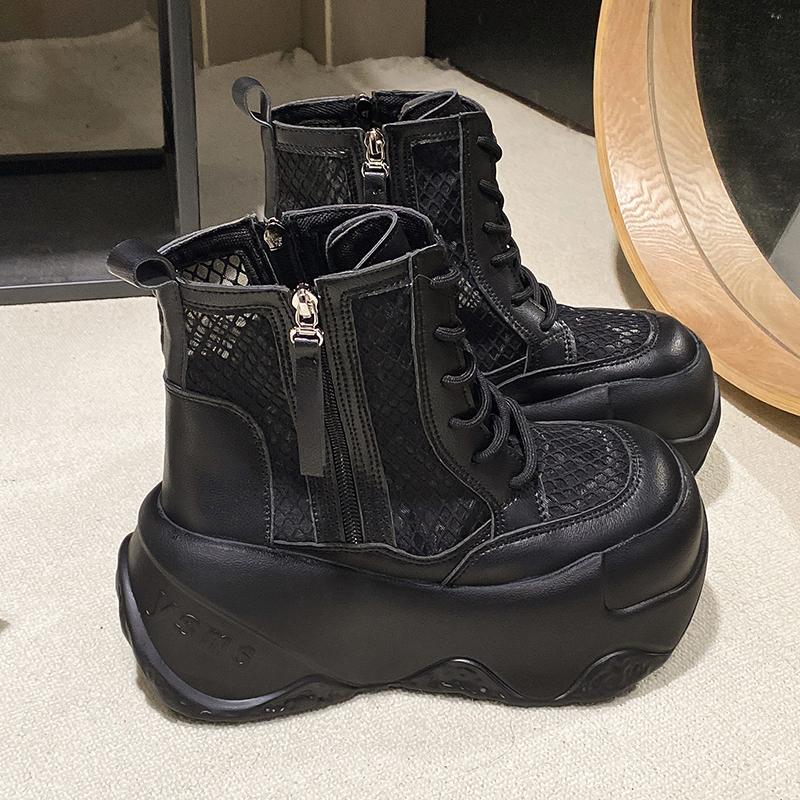 Fashion Spring/Summer High Top Women's Mid Calf Cool Boots Platform Mesh Hollowed Side Zipper Casual Shoes Sneakers