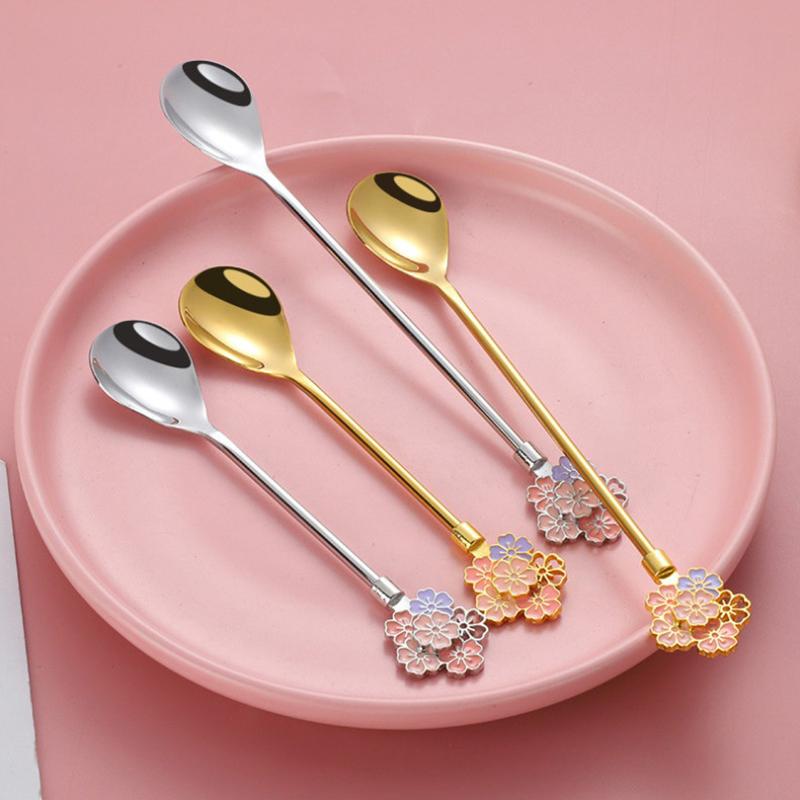 Stainless Steel Japanese Cherry Blossom Spoon Exquisite Dessert Long Handled Ice Spoon Household Bird'S Nest Mixing Spoon