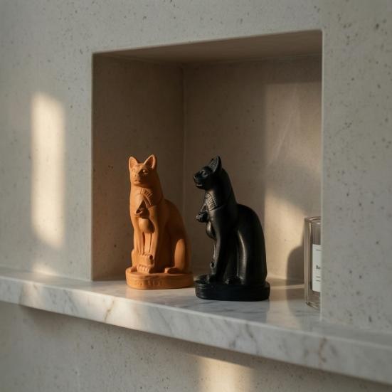 3D Printed Egyptian Cat Goddess Figurine, Vintage Gothic Dark Style Statue, Matte Black & Terracotta Orange Ornament, Mini Craft for Home Office