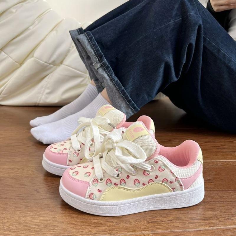 Pink strawberry board shoes women's spring new lace-up sweet little white shoes campus versatile casual shoes