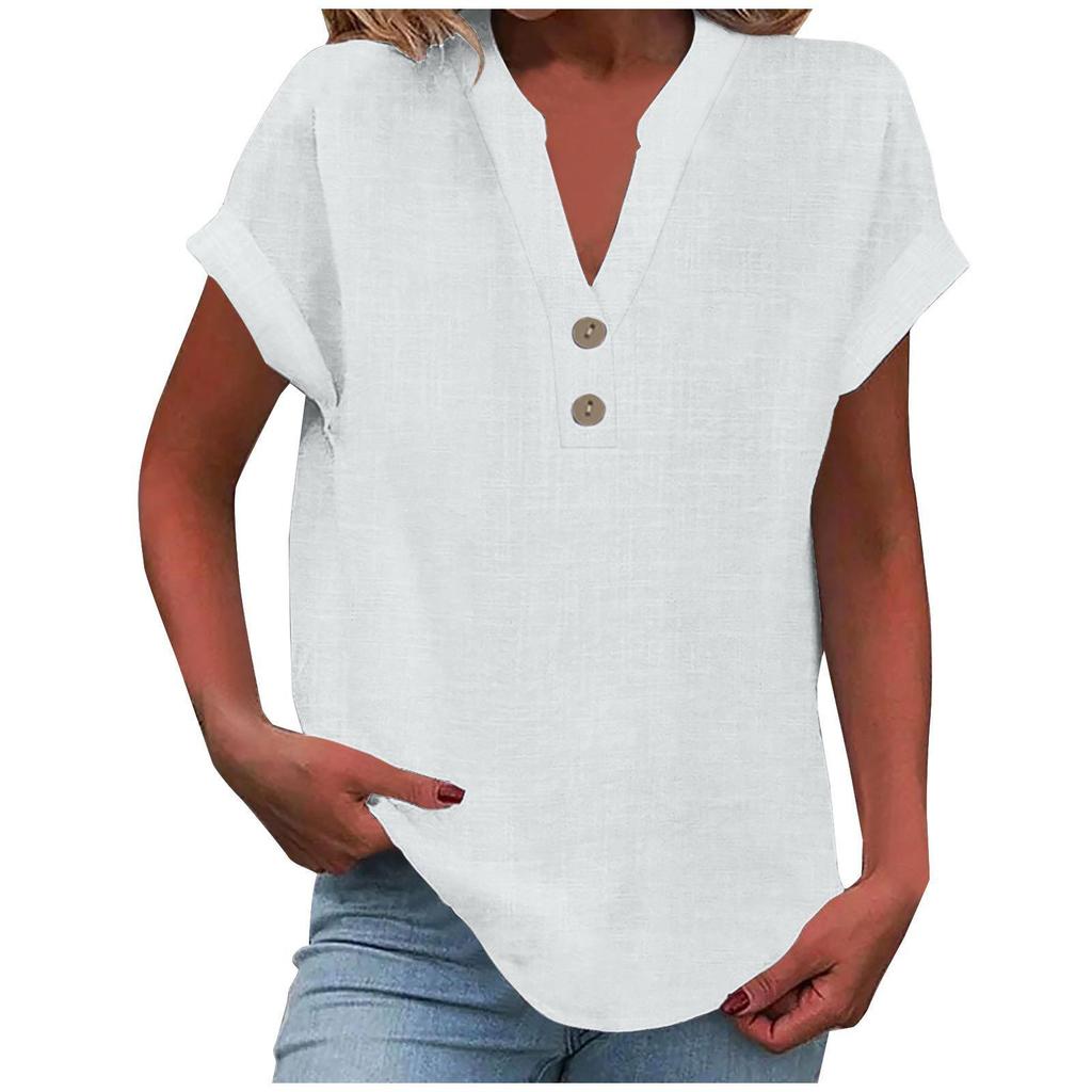 2025 Women's Solid Color V-Neck Buttoned Cotton-Linen Short-Sleeve Top