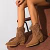New Pointed Coarse Heel Large Western Cowboy Short Boots Embroidered Brown Women's Shoes and Ankle Boots for Women